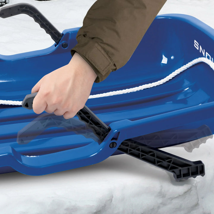 Snow Joe Plastic Snow Sled, 48” Sledding Toboggan Board w/ Handles & Rope, Blue