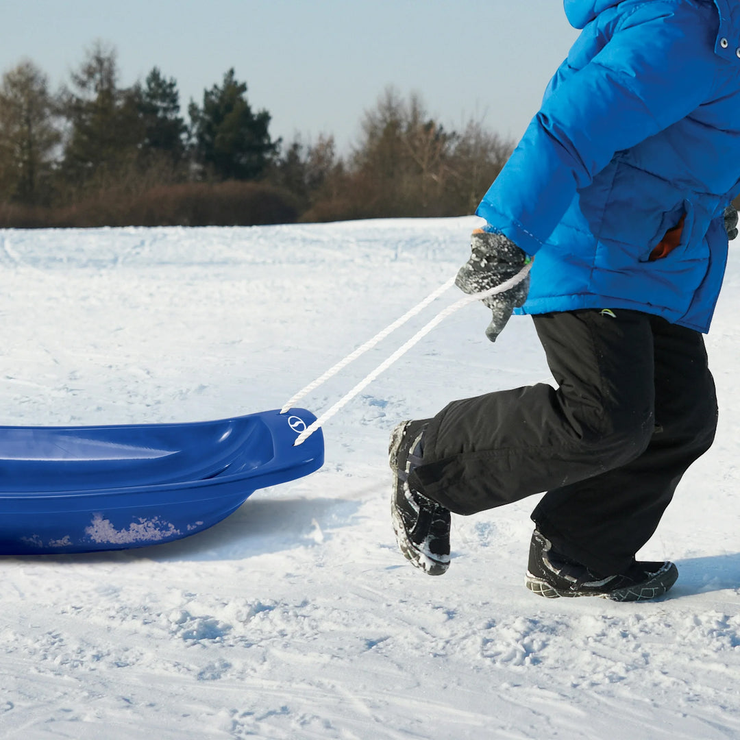 Snow Joe Plastic Snow Sled, 48” Sledding Toboggan Board w/ Handles & Rope, Blue