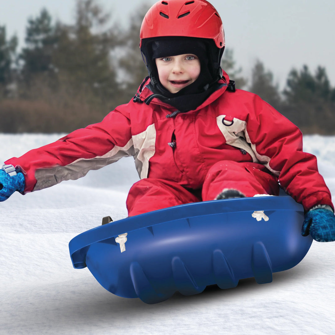 Snow Joe Plastic Snow Sled, 48” Sledding Toboggan Board w/ Handles & Rope, Blue