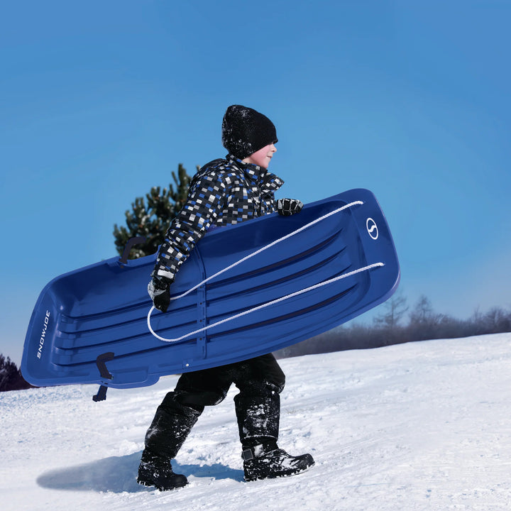 Snow Joe Plastic Snow Sled, 48” Sledding Toboggan Board w/ Handles & Rope, Blue