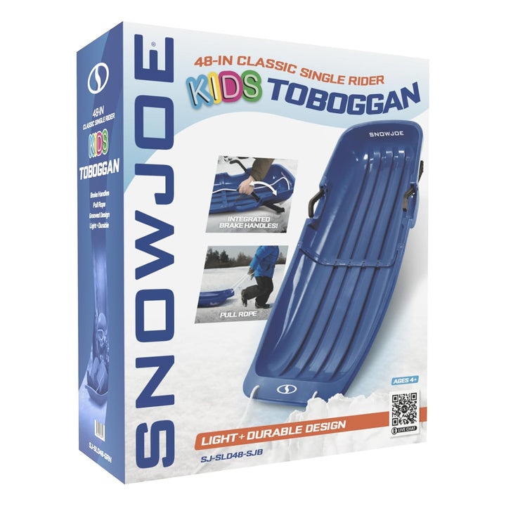 Snow Joe Snow Sled, 48” Sledding Toboggan Board w/ Handles & Rope, Blue (Used)