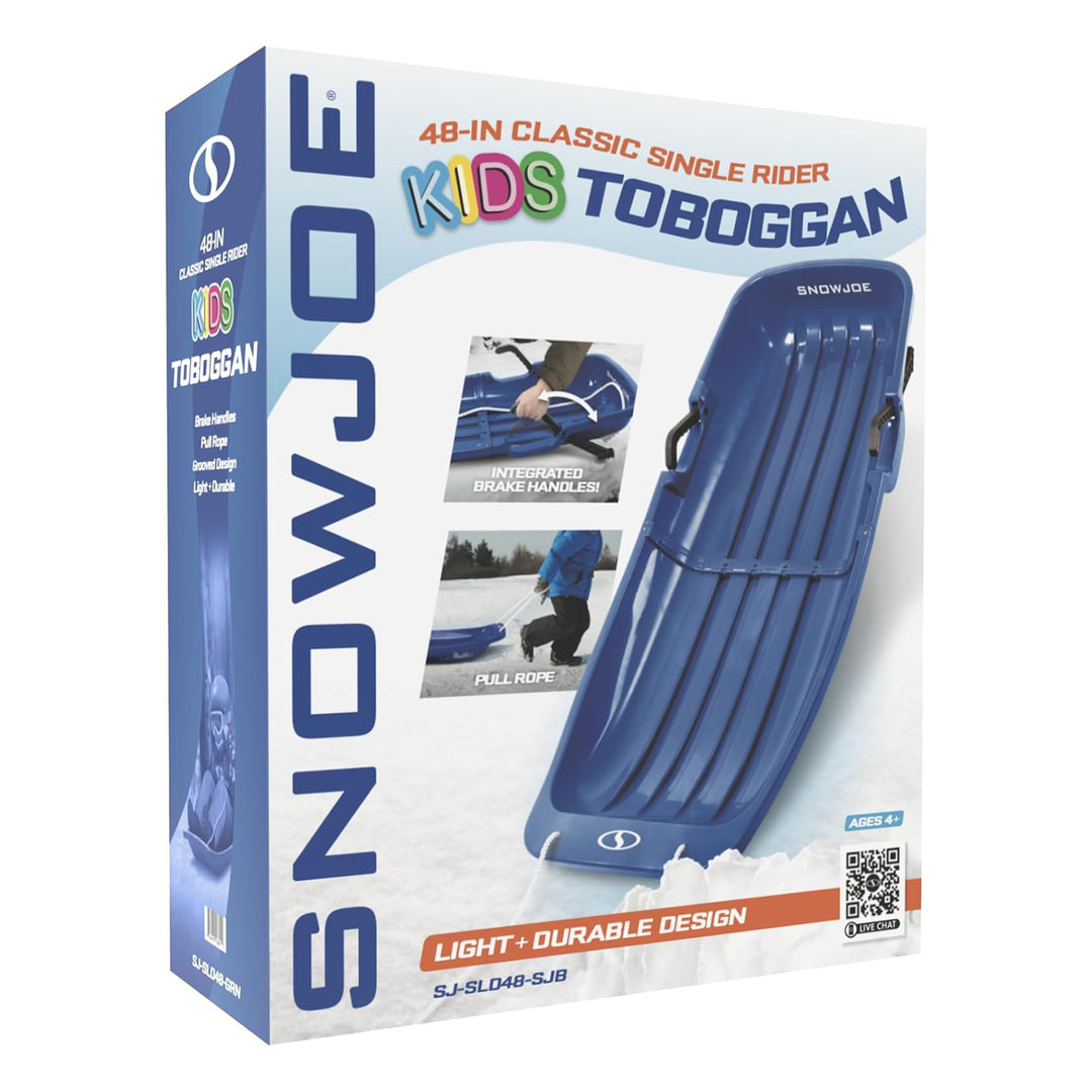 Snow Joe Snow Sled, 48” Sledding Toboggan Board w/Handles & Rope, Blue(Open Box)