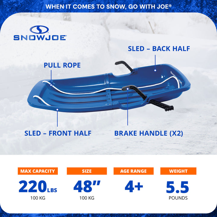 Snow Joe Snow Sled, 48” Sledding Toboggan Board w/Handles & Rope, Blue(Open Box)