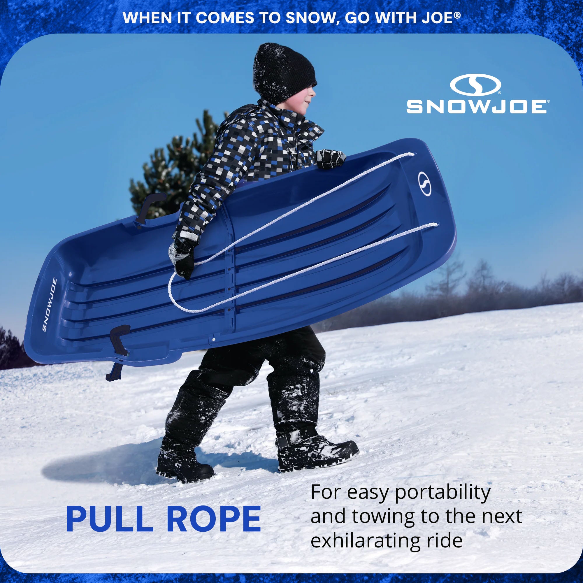 Snow Joe Snow Sled, 48” Sledding Toboggan Board w/Handles & Rope, Blue(Open Box) - VMInnovations