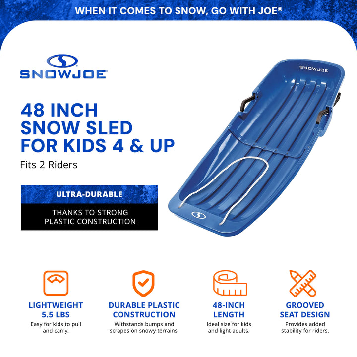 Snow Joe Snow Sled, 48” Sledding Toboggan Board w/Handles & Rope, Blue(Open Box)