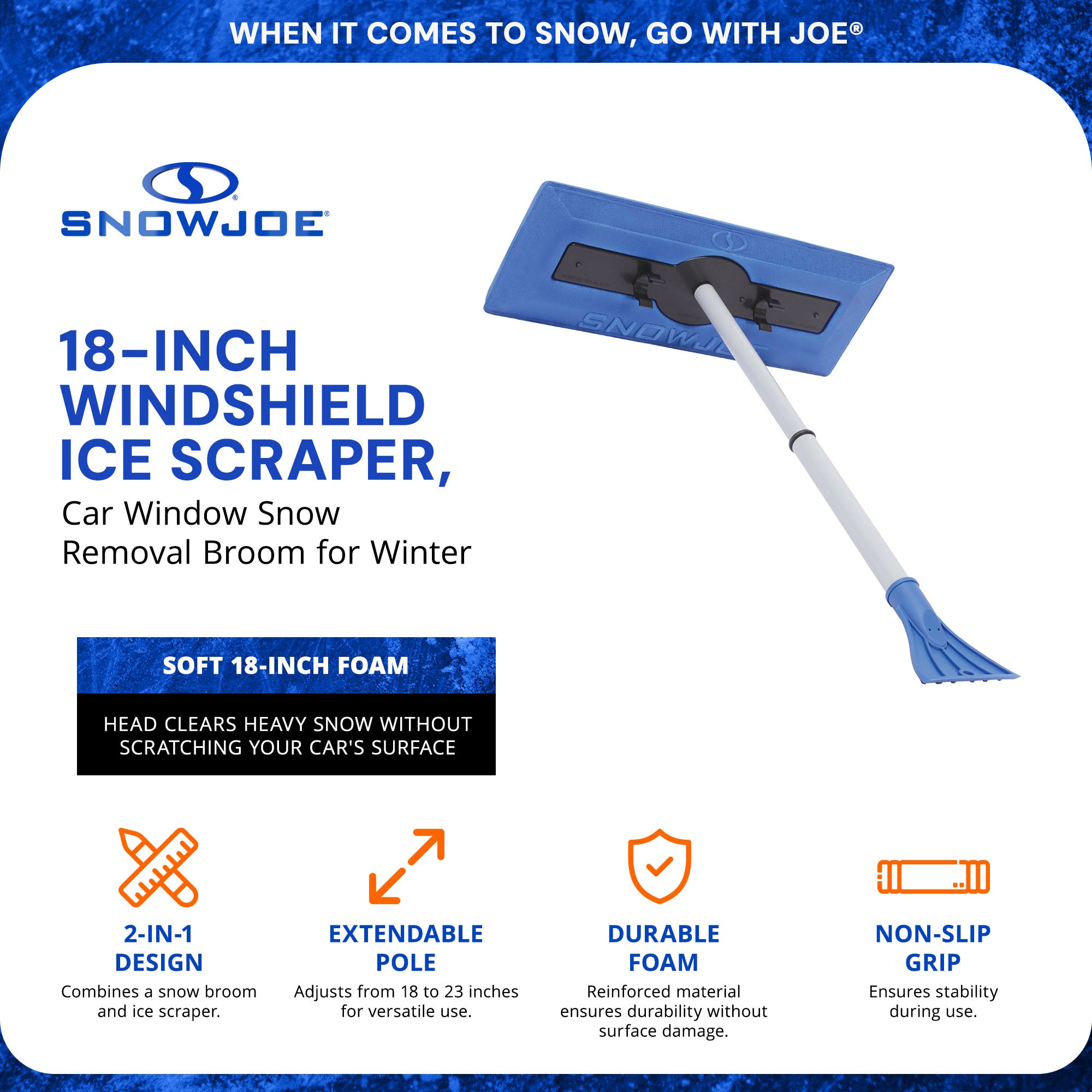 Snow Joe Windshield Ice Scraper, Car Window Snow Removal Broom, Blue, SJBLZD-GO - VMInnovations