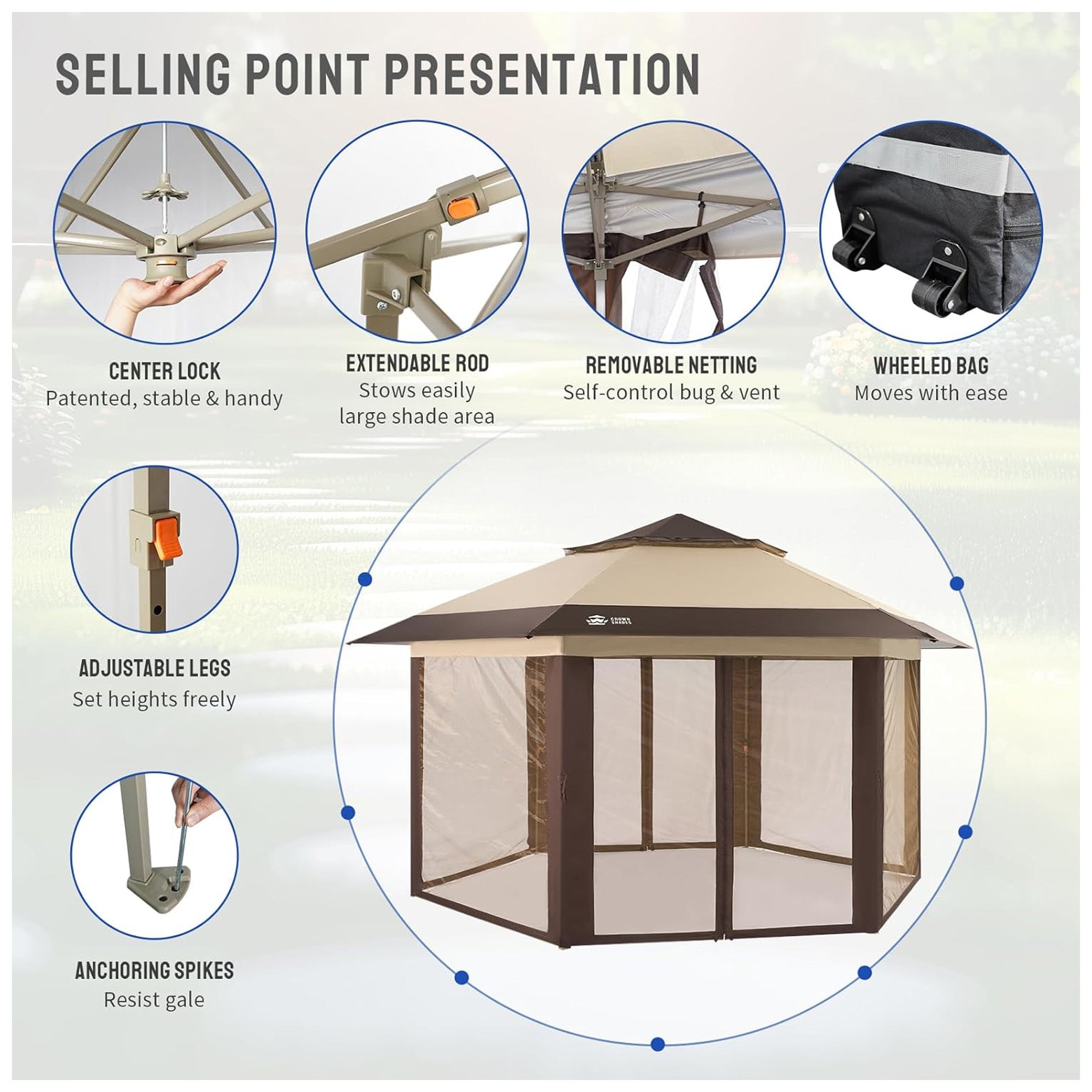 CROWN SHADES 12x12 Pop Up Gazebo, Canopy Tent for Events, Beige/Coffee (Used) - VMInnovations