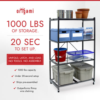 Origami 4 Tier Multipurpose Folding Storage Rack with Wheels, 4 Pack, Gray