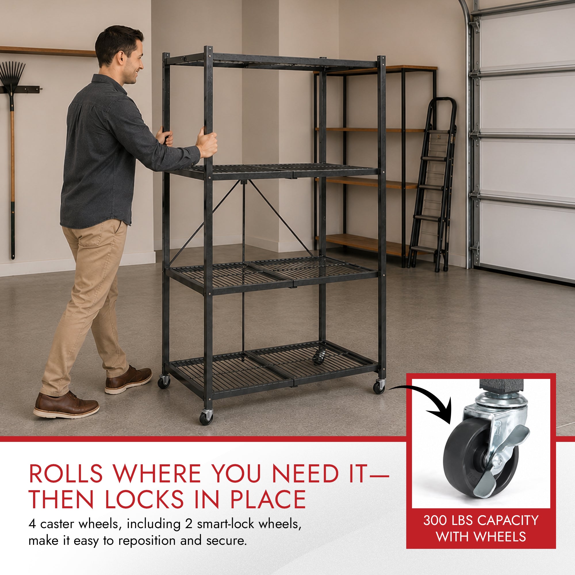 Origami 4 Tier Multipurpose Folding Storage Rack with Wheels, 4 Pack, Gray