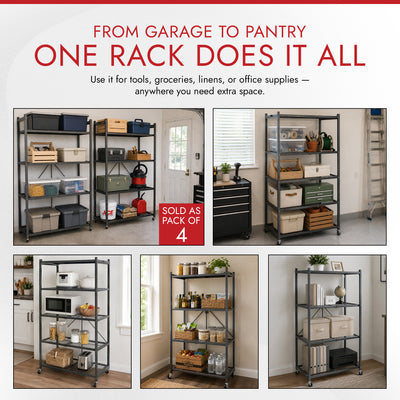 Origami 4 Tier Multipurpose Folding Storage Rack with Wheels, 4 Pack, Gray