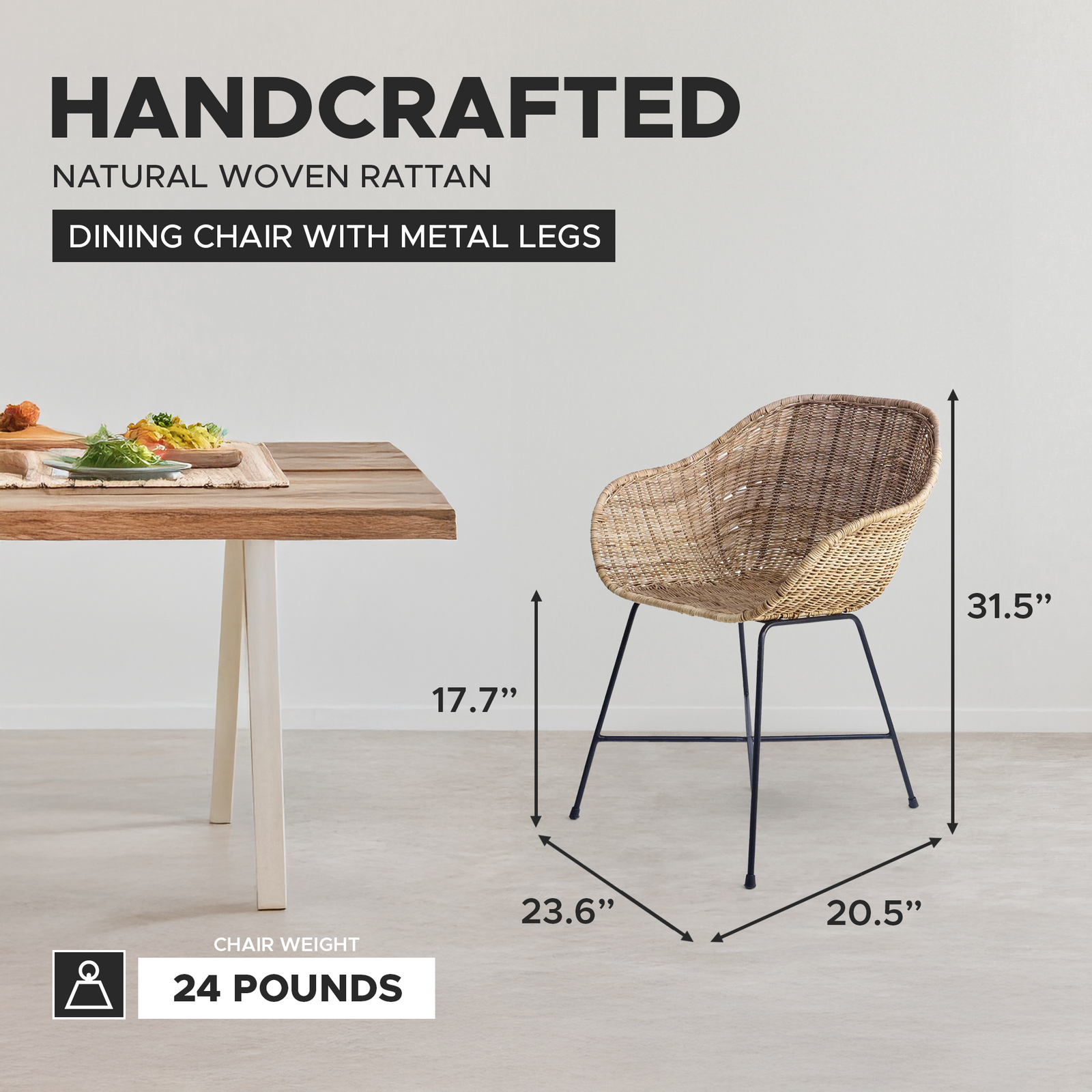 texxture Ormond Woven Rattan Dining Chair Metal Legs for Home Furniture, Natural - VMInnovations