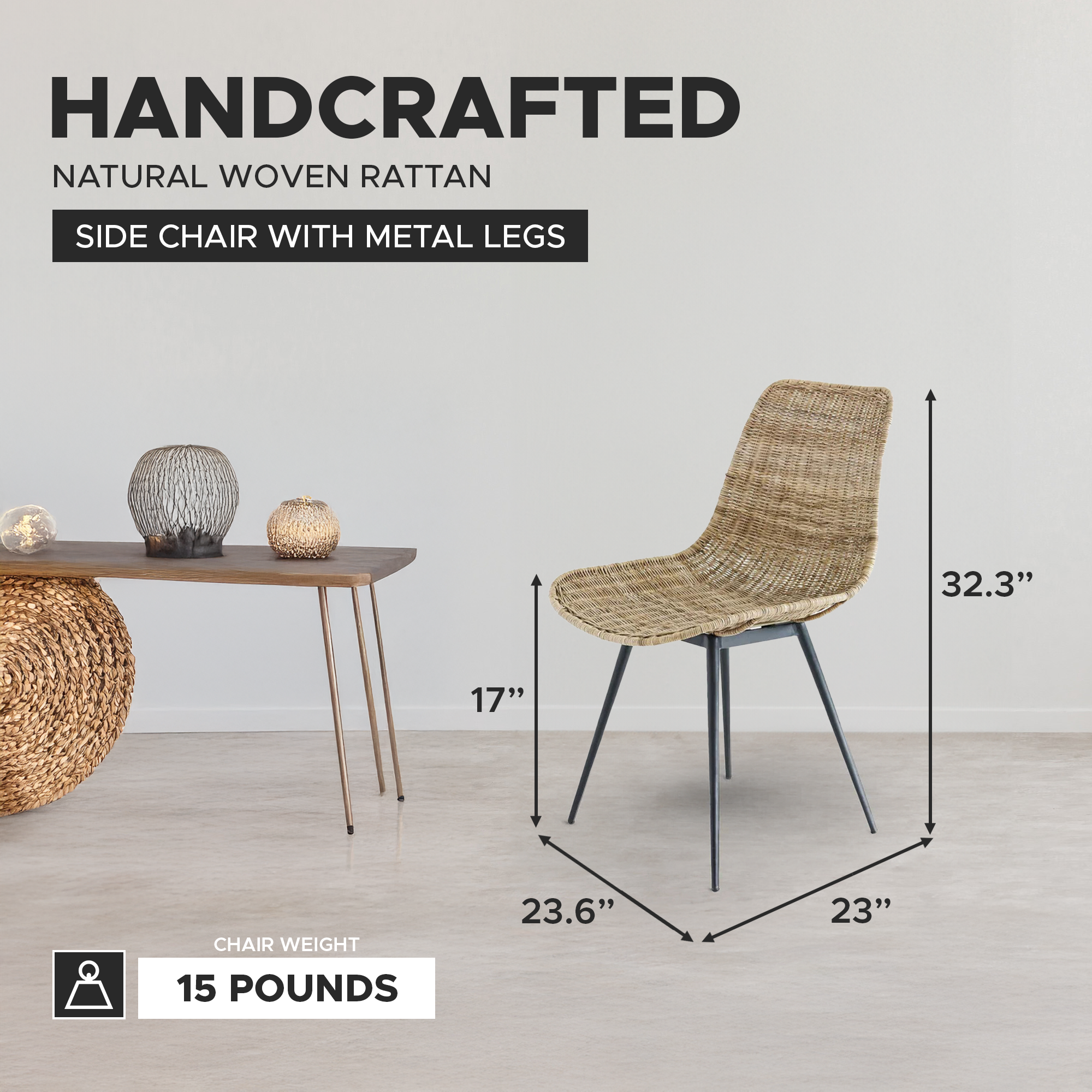 texxture Ormond Woven Rattan Side Chair w/Metal Legs, Natural (Open Box) - VMInnovations