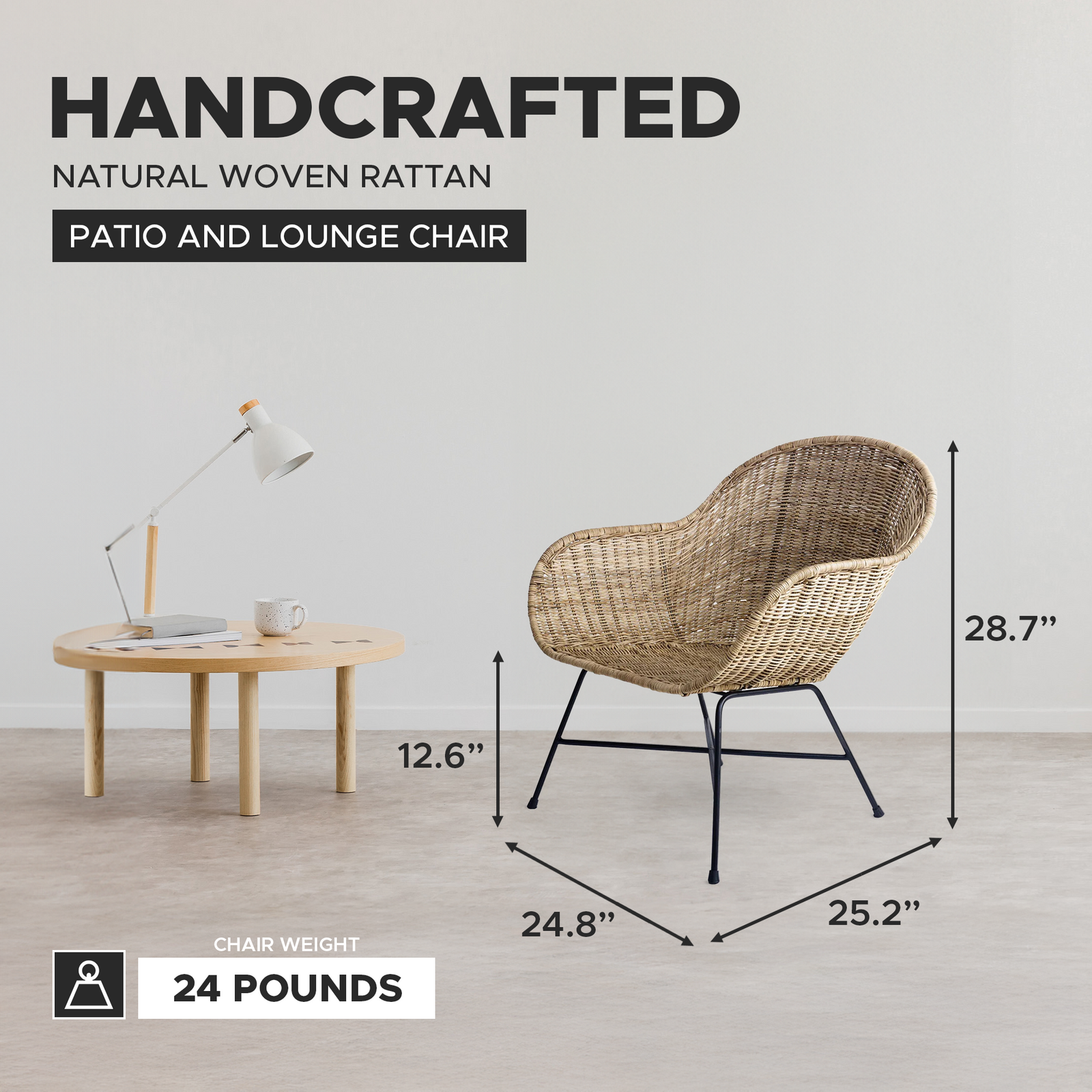 texxture Ormond Woven Rattan Patio and Lounge Chair with Metal Legs, Natural - VMInnovations
