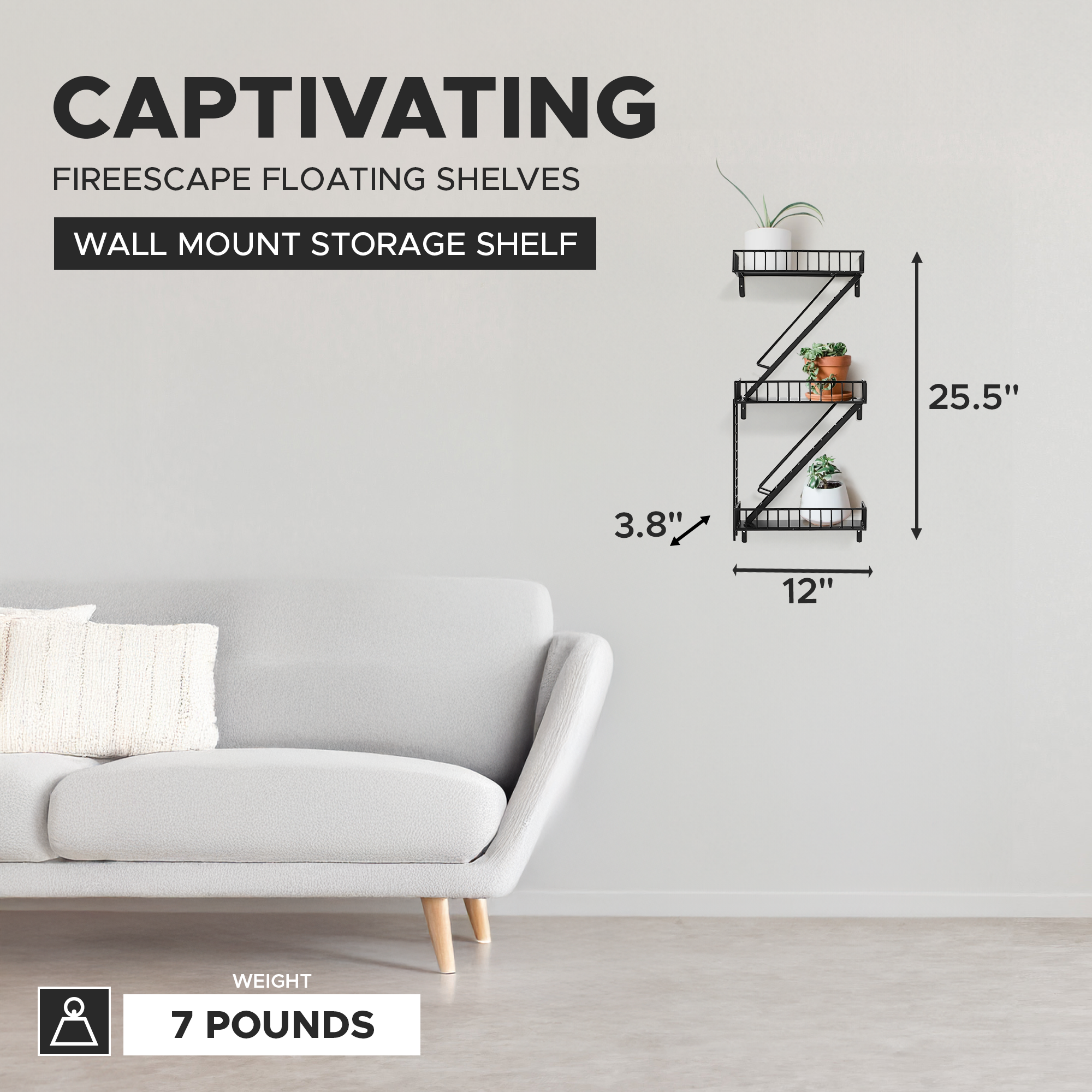 texxture FireEscape 25.5" Floating Shelves, Wall Mount Storage Shelf (Open Box) - VMInnovations