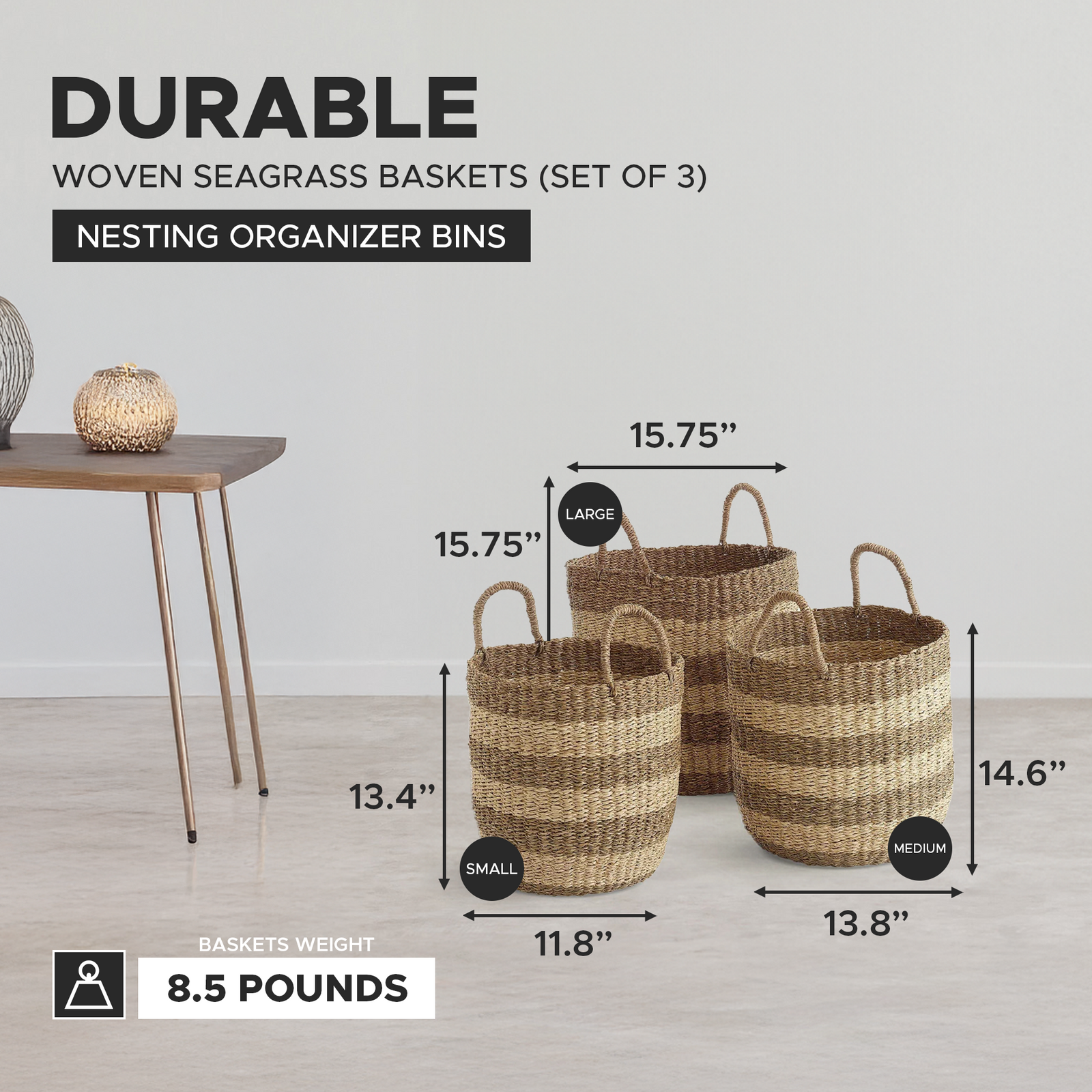 texxture 3 Pack Camden Woven Basket Nesting Organizer Bins, Home Decor, Natural - VMInnovations