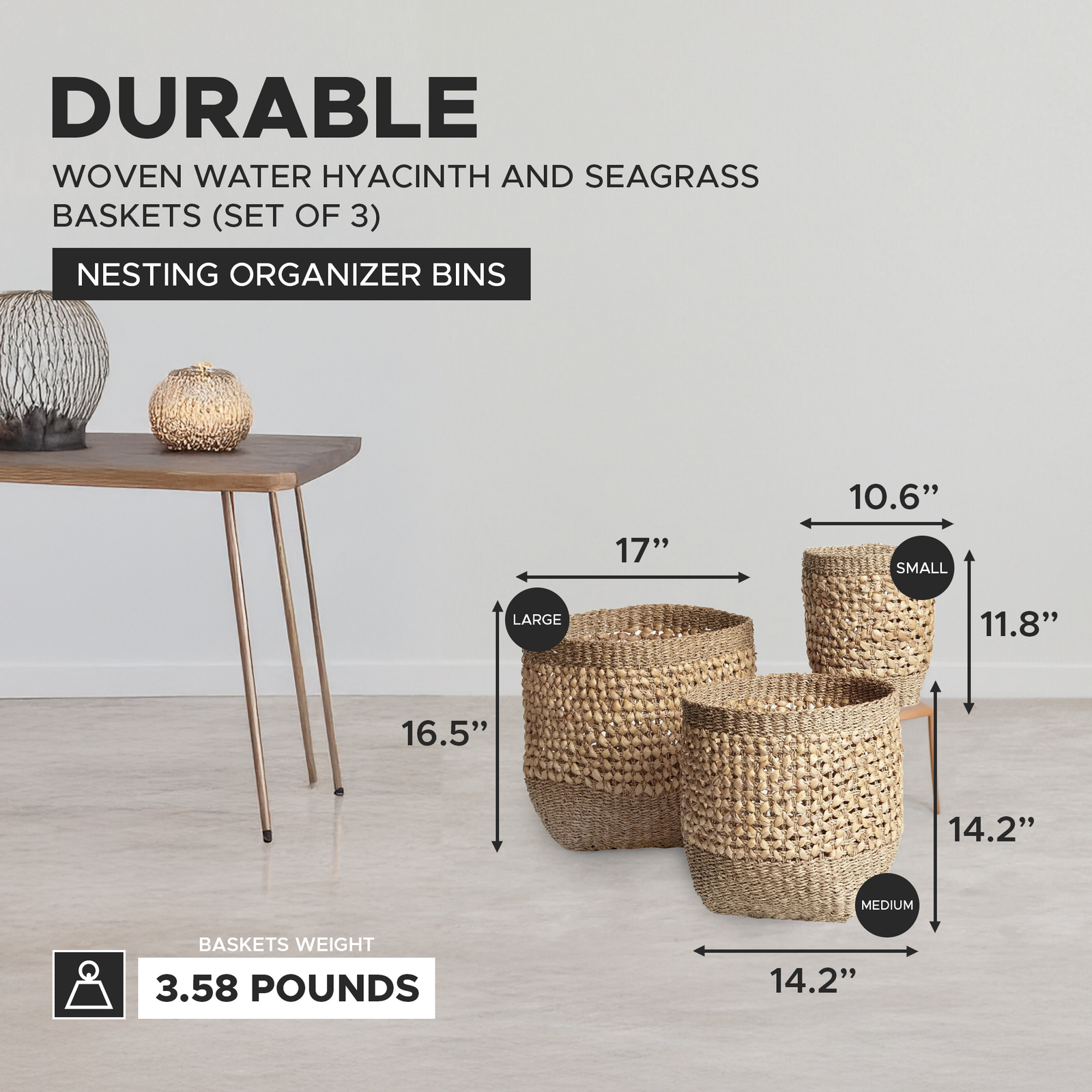 texxture 3 Pack Palomar Woven Basket Nesting Organizer Bins, Home Decor, Natural - VMInnovations