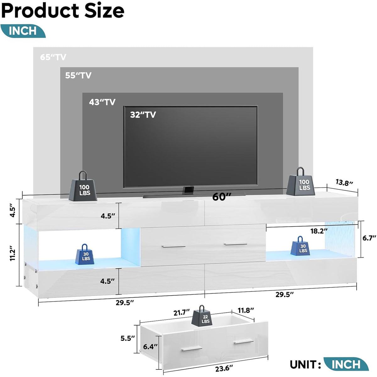 Bestier 55/60/65 Inch TV Stand, Modern Console Table, Glossy White (Used)
