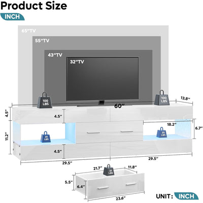 Bestier 55/60/65 Inch TV Stand, Modern Console Table, Glossy White (Used)