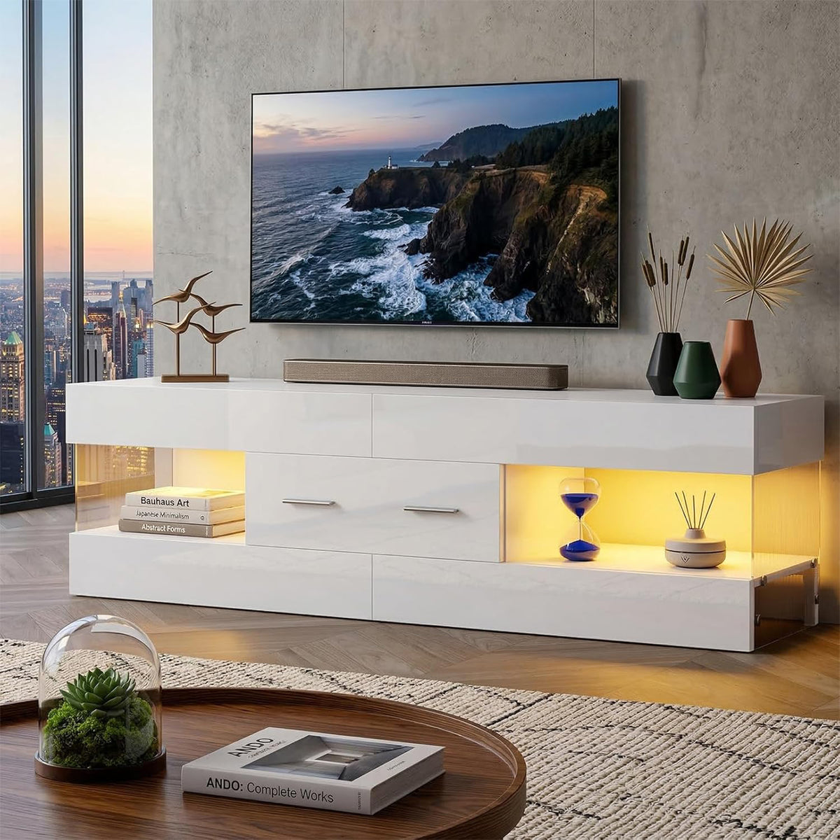 Bestier 55/60/65 Inch TV Stand, Modern Console Table, Glossy White (Used)