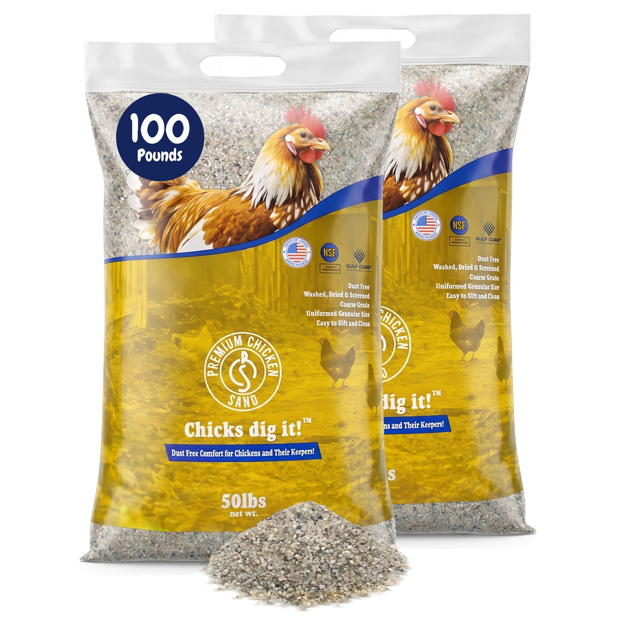 Premium Chicken Sand, Odor Eliminating Bedding for Coops, 50 Lb Bag, 2 Pack