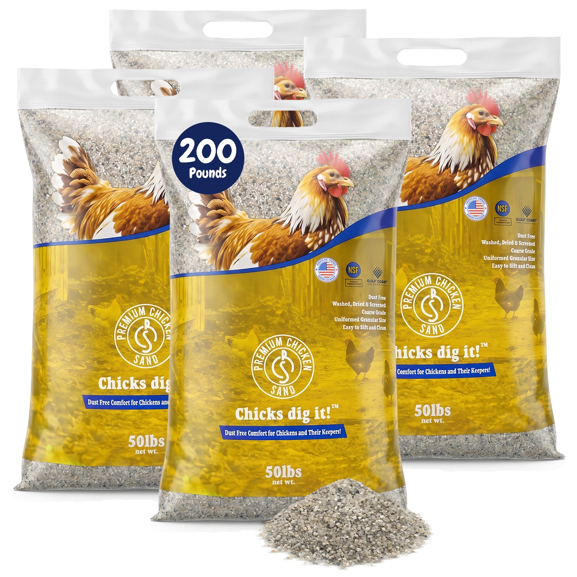 Premium Chicken Sand, Odor Eliminating Bedding for Coops, 50 Lb Bag, 4 Pack
