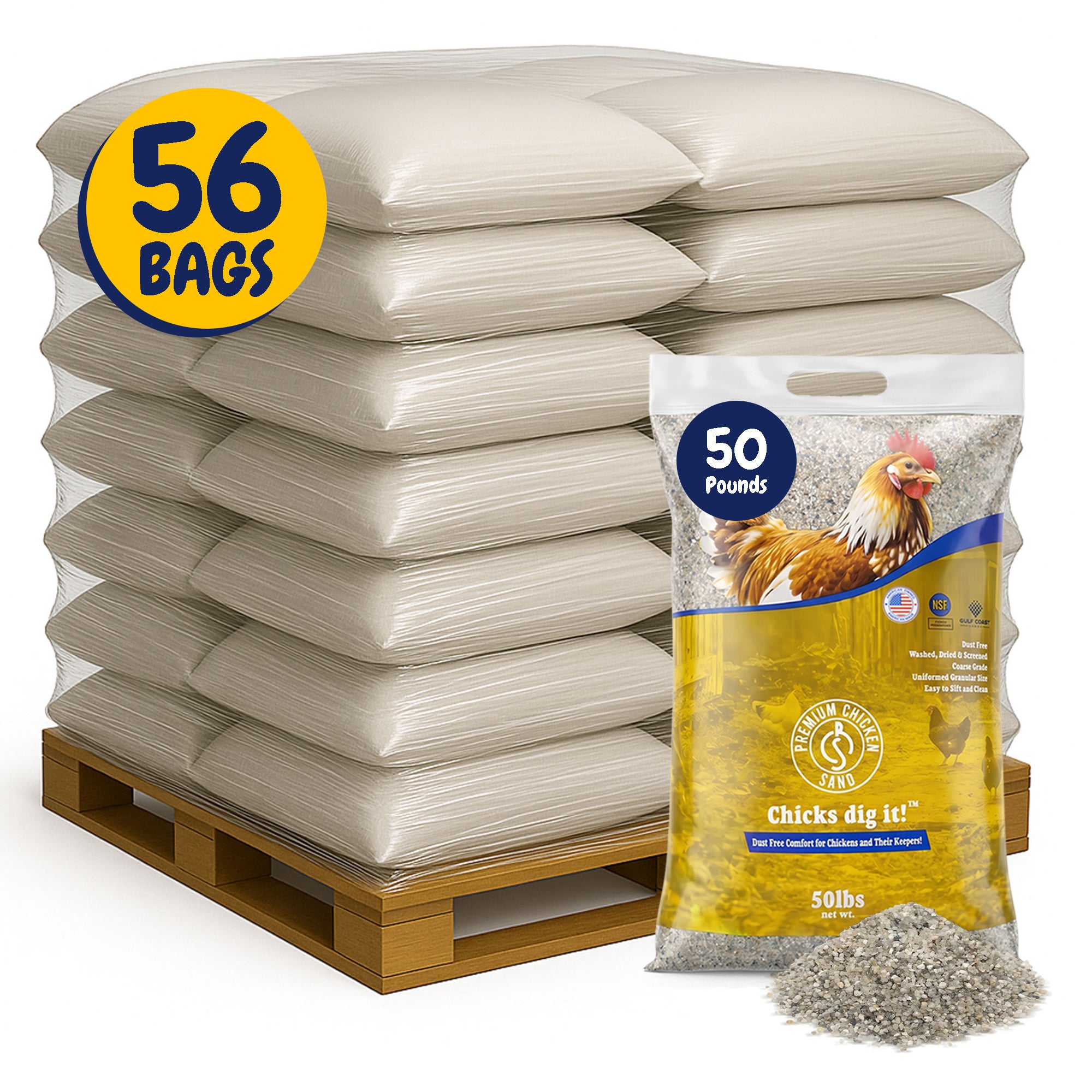 Premium Chicken Sand, Odor Eliminating Bedding for Coops, 50 Lb Bag, 56 Pack