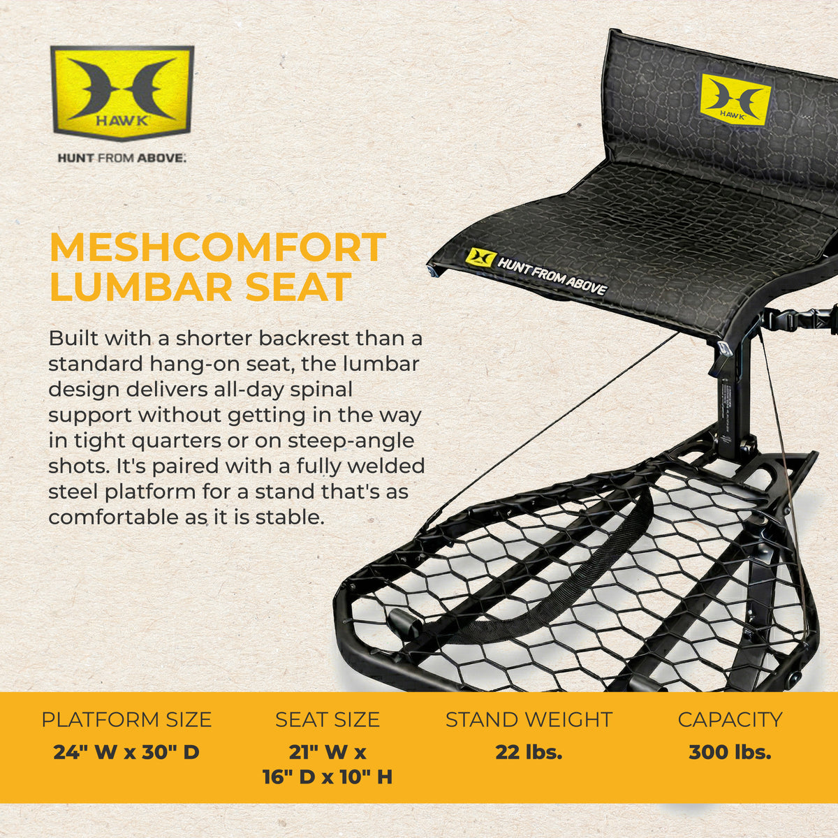 Hawk CRUZR Hang On Stand, Lumbar Seat Hunting Gear with Welded Platform, 34x24"