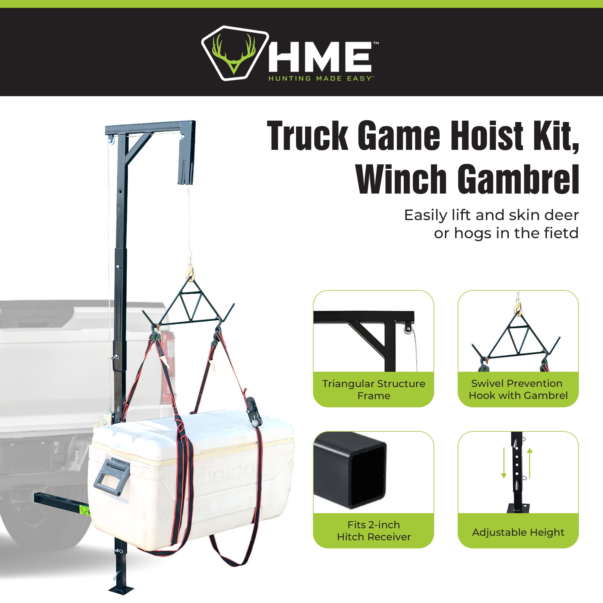 HME Game Hoist Kit, Winch Gambrel, 400lb Capacity, Adjustable Height (For Parts) - VMInnovations