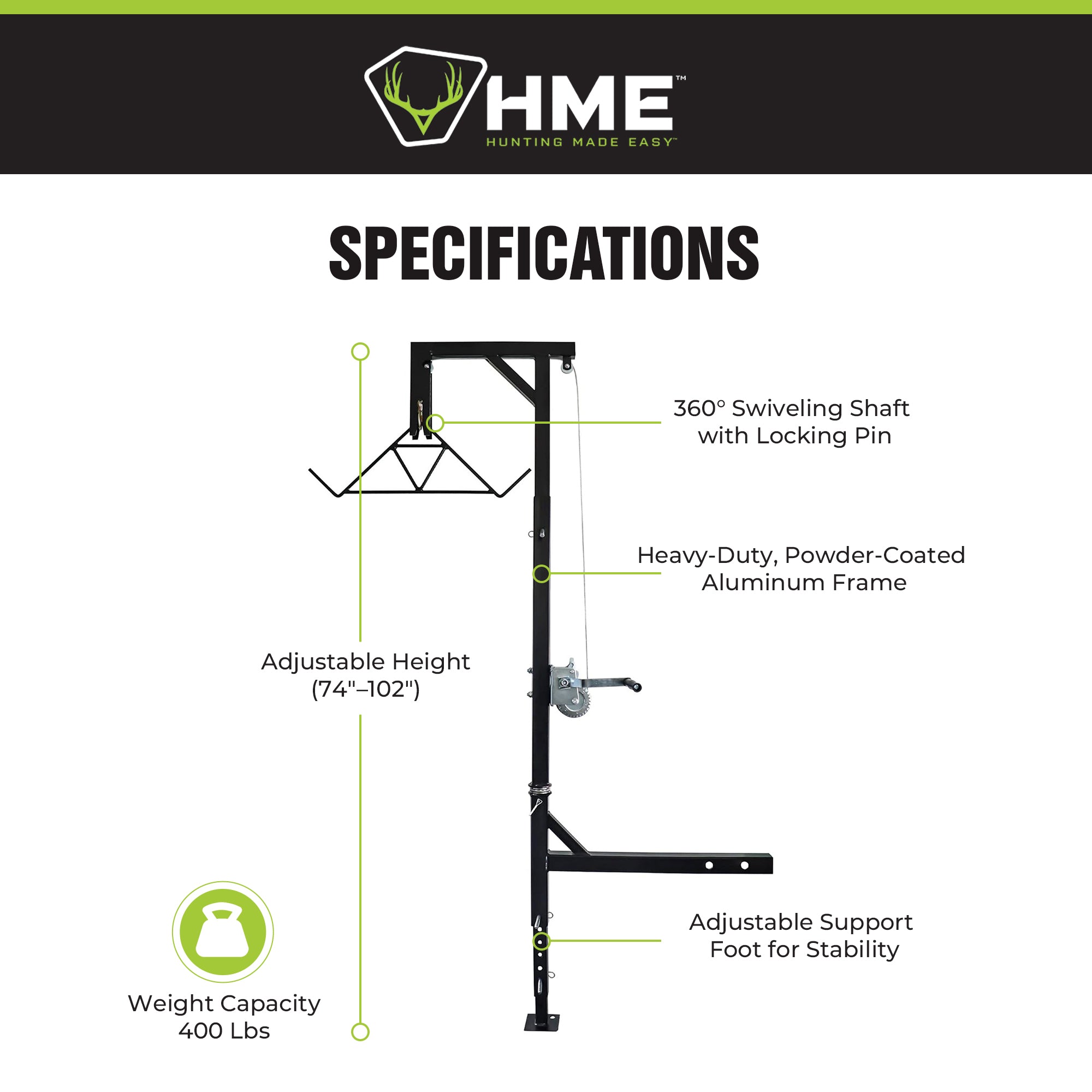 HME Game Hoist Kit, Winch Gambrel, 400lb Capacity, Adjustable Height (For Parts) - VMInnovations