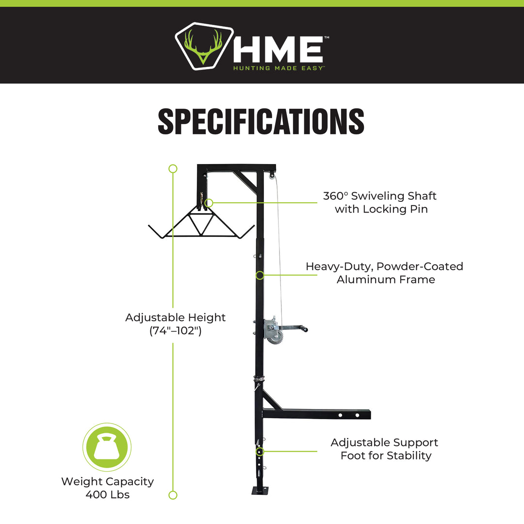HME Game Hoist Kit, Winch Gambrel, 400lb Capacity, Adjustable Height (Open Box)