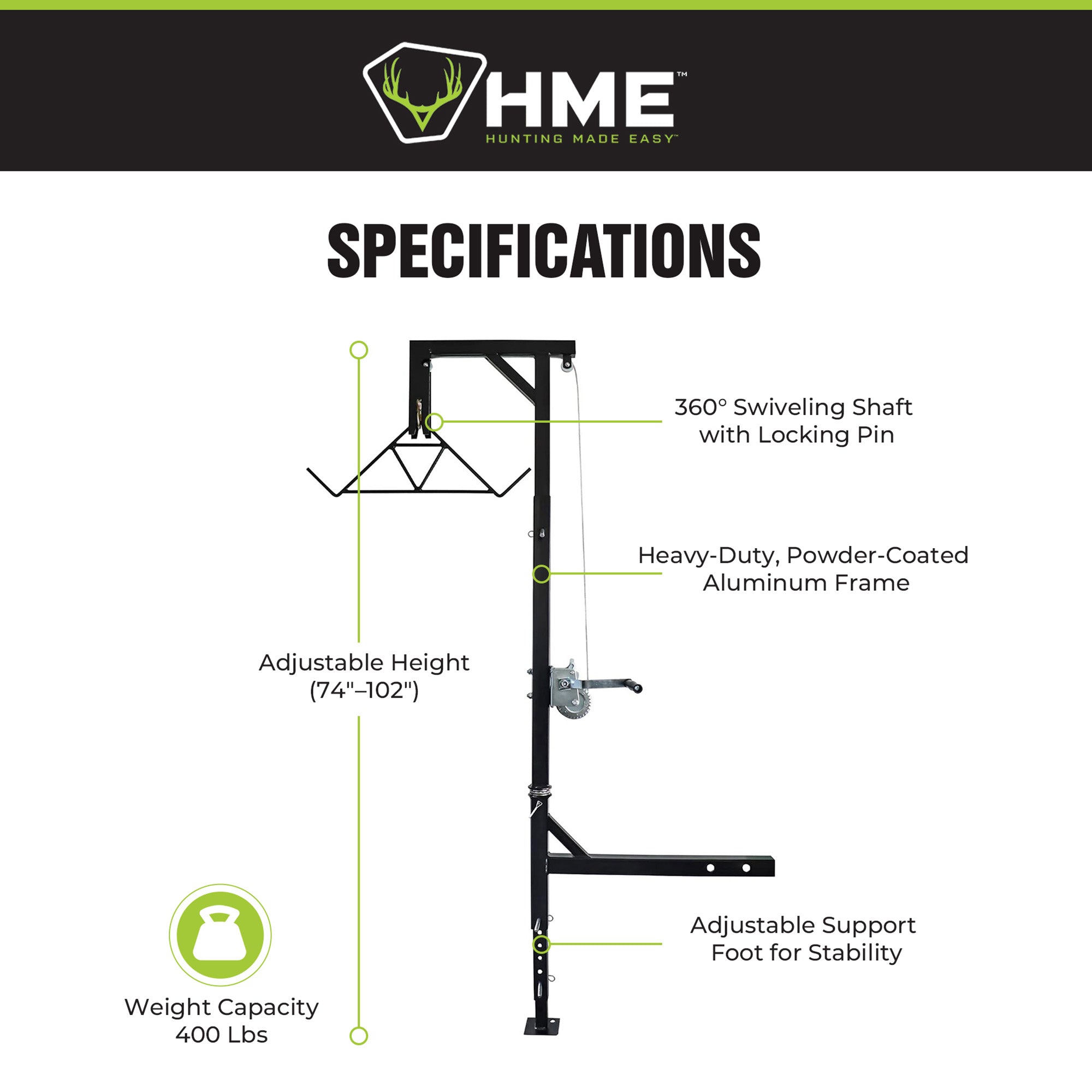 HME Game Hoist Kit, Winch Gambrel, 400lb Capacity, Adjustable Height (For Parts) - VMInnovations