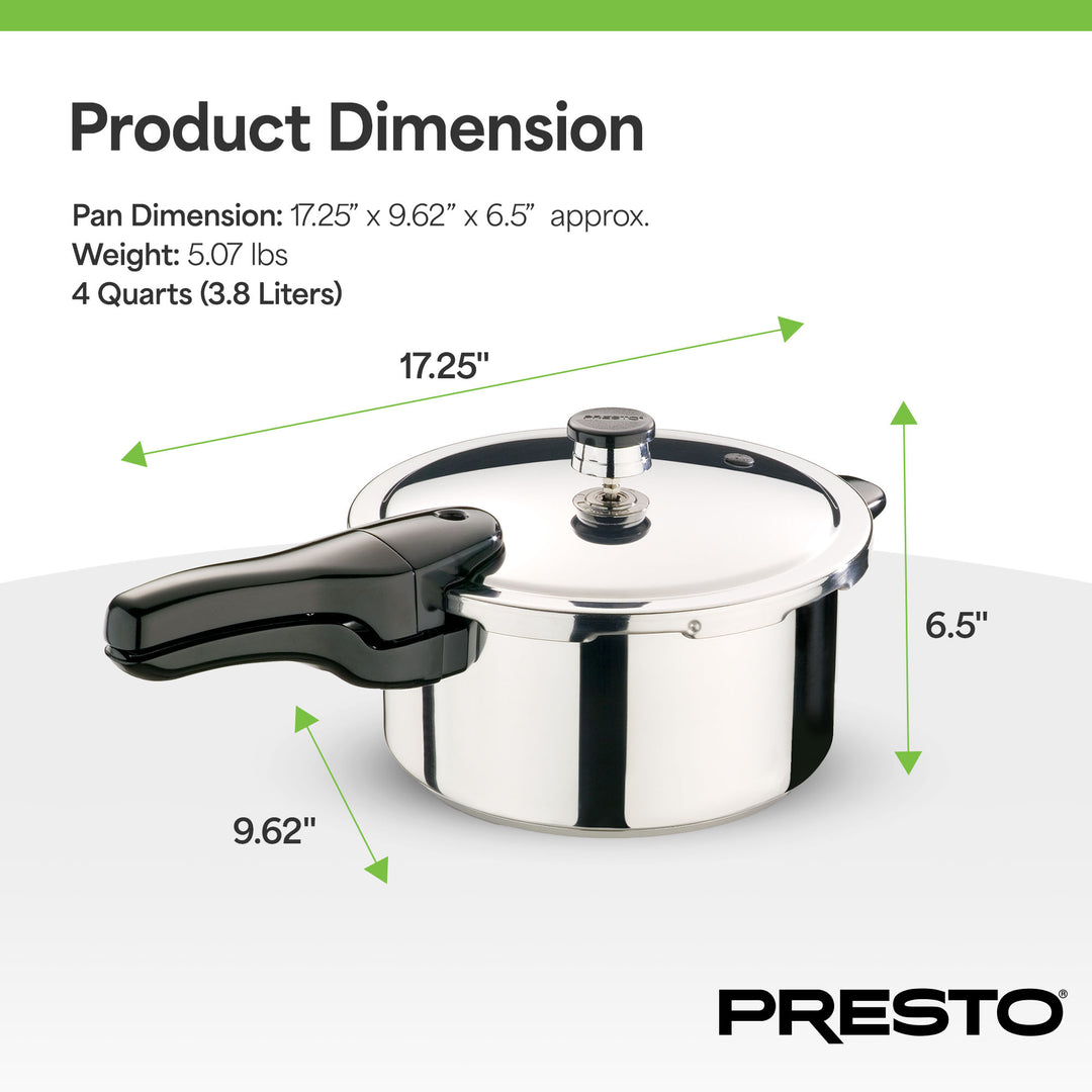 Presto 01341 4 Quart Stainless Steel Pressure Cooker, Tri Clad Base, Silver