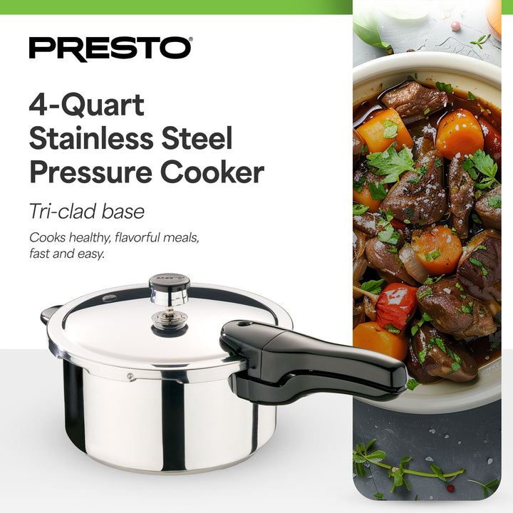 Presto 01341 4 Quart Stainless Steel Pressure Cooker, Tri Clad Base, Silver