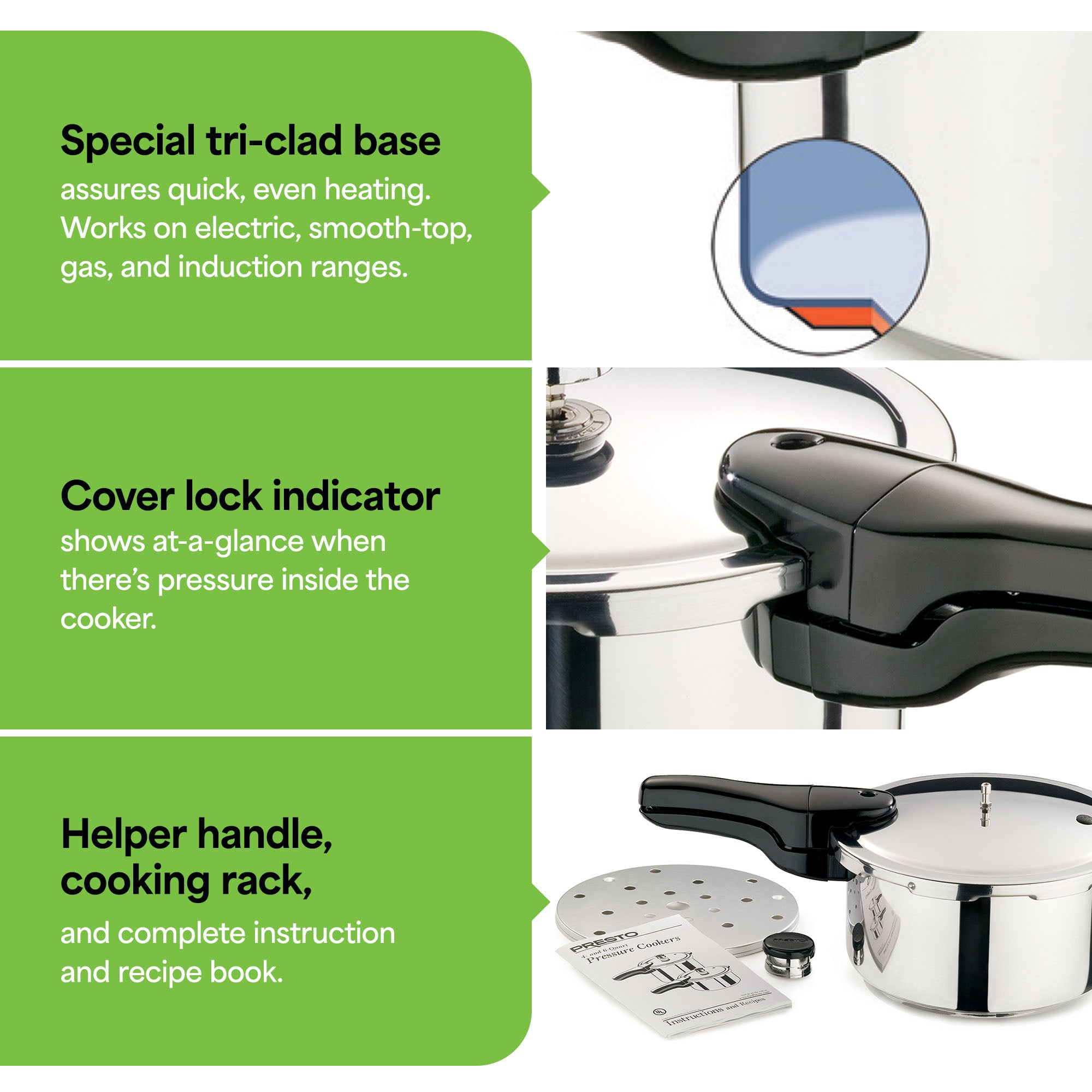 Presto 01341 4 Quart Stainless Steel Pressure Cooker, Tri Clad Base, Silver - VMInnovations