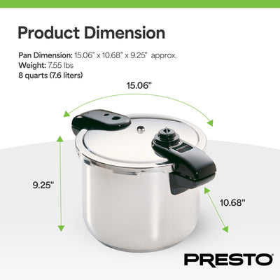 Presto 01370 8 Quart Stainless Steel Pressure Cooker, Tri Clad Base, Silver - VMInnovations