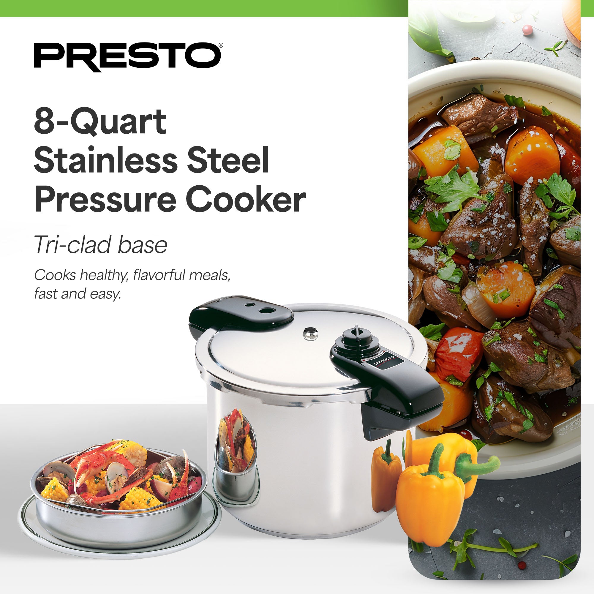 Presto 01370 8 Quart Stainless Steel Pressure Cooker, Tri Clad Base, Silver - VMInnovations