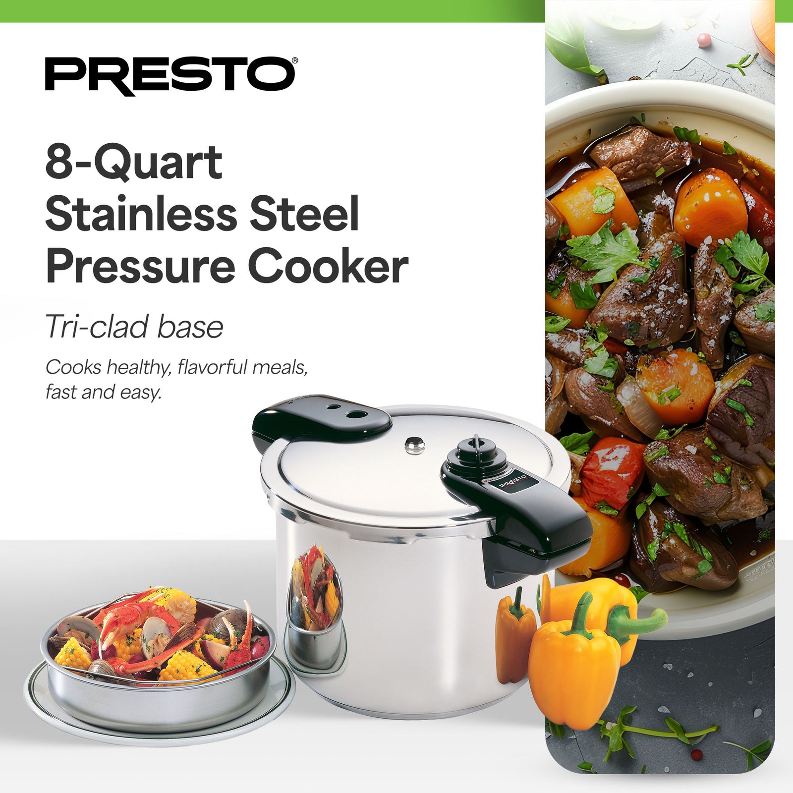 Presto 01370 8 Quart Stainless Steel Pressure Cooker, Tri Clad Base (Open Box) - VMInnovations