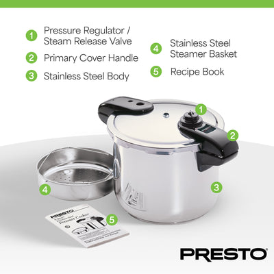 Presto 01370 8 Quart Stainless Steel Pressure Cooker, Tri Clad Base, Silver - VMInnovations
