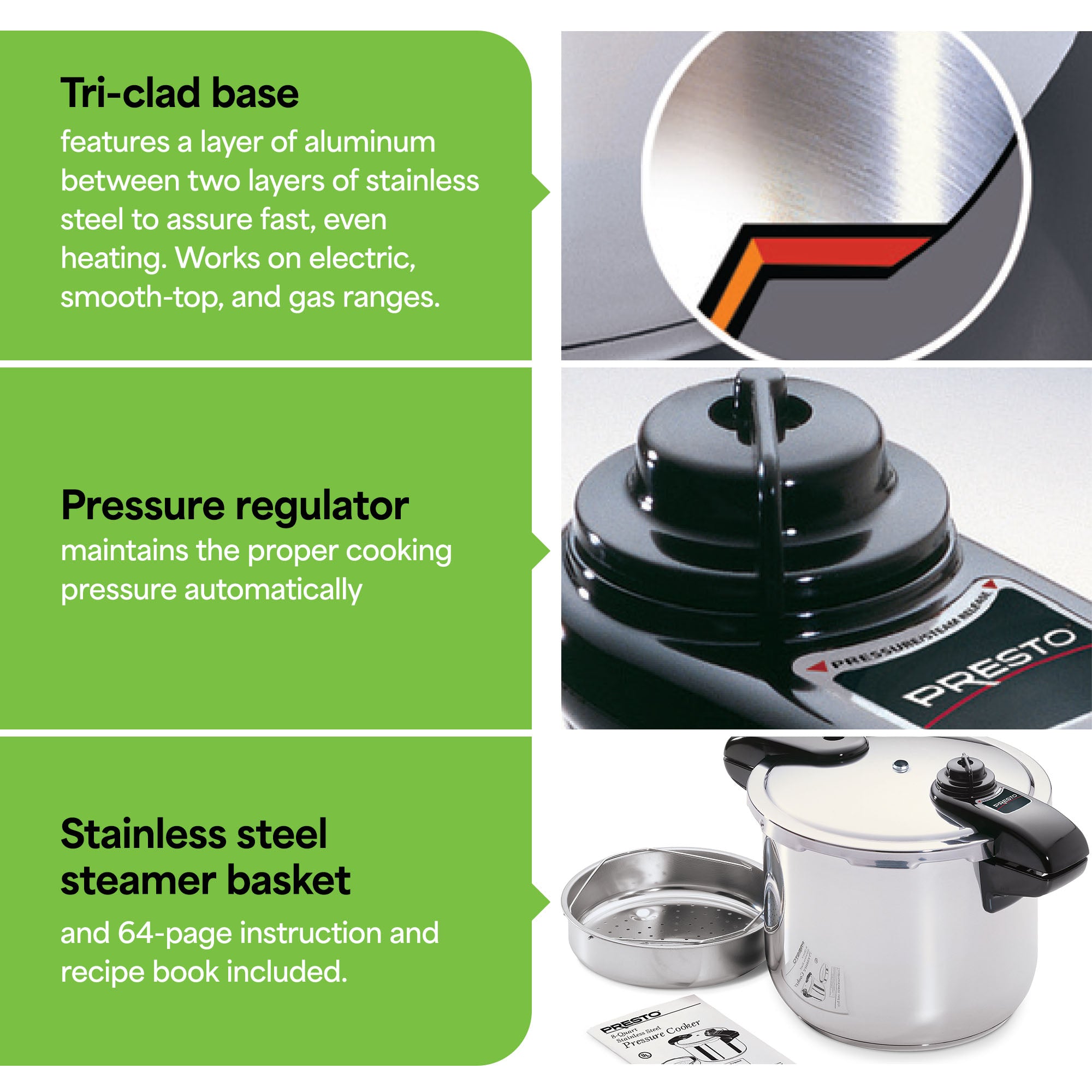 Presto 01370 8 Quart Stainless Steel Pressure Cooker, Tri Clad Base (Open Box) - VMInnovations