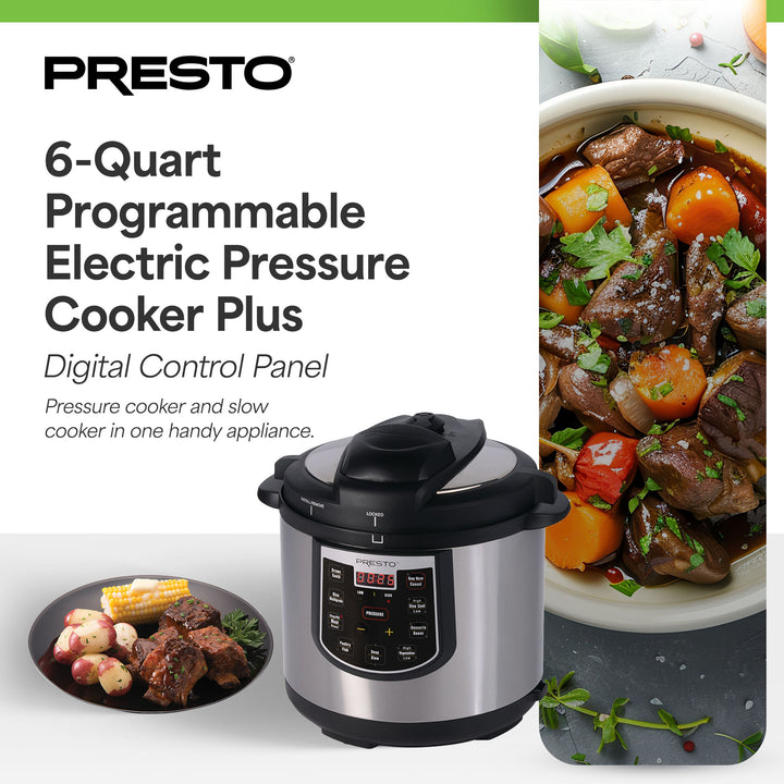 Presto 02141 6 Qt Electric Pressure Cooker Plus Programmable Slow Cooker, Silver