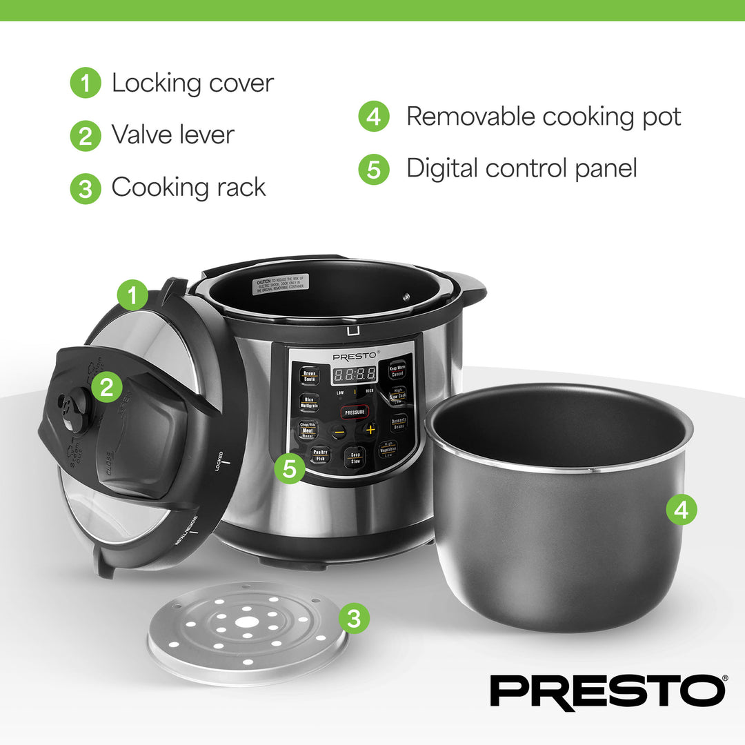 Presto 02141 6 Qt Electric Pressure Cooker Plus Programmable Slow Cooker, Silver