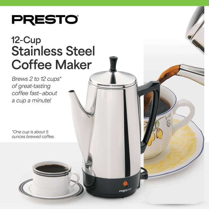 Presto Stainless Steel Coffee Maker, 12 Cup Robust Percolator Coffee (Open Box) - VMInnovations