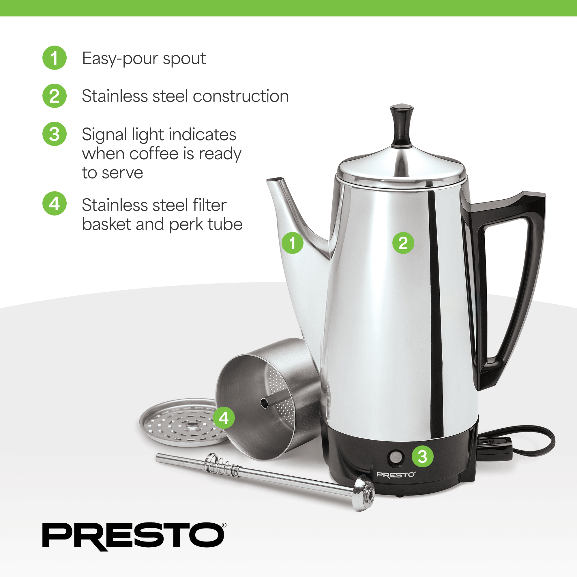 Presto Stainless Steel Coffee Maker, 12 Cup Percolator Coffee, Silver (Used)