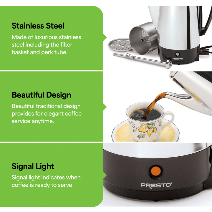 Presto Stainless Steel Coffee Maker, 12 Cup Robust Percolator Coffee (Open Box)