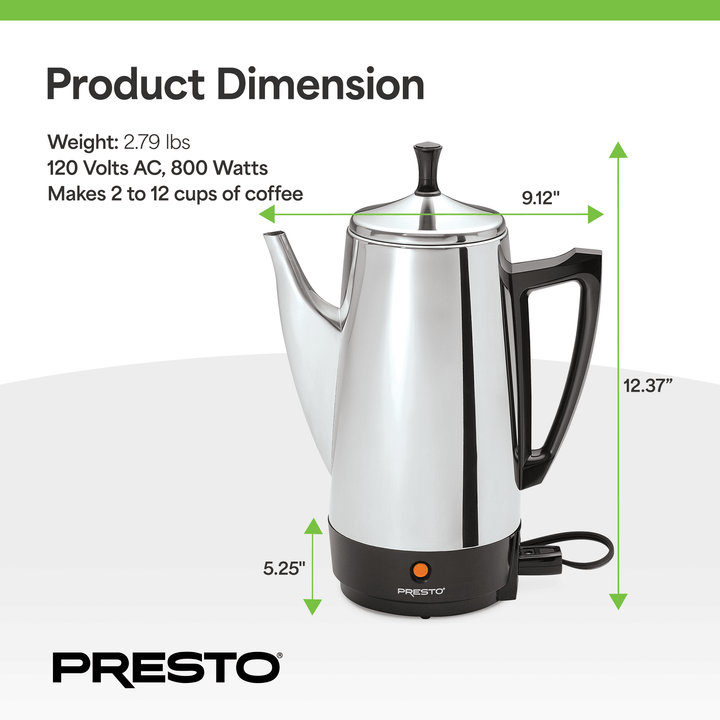 Presto Stainless Steel Coffee Maker, 12 Cup Robust Percolator Coffee (Open Box) - VMInnovations