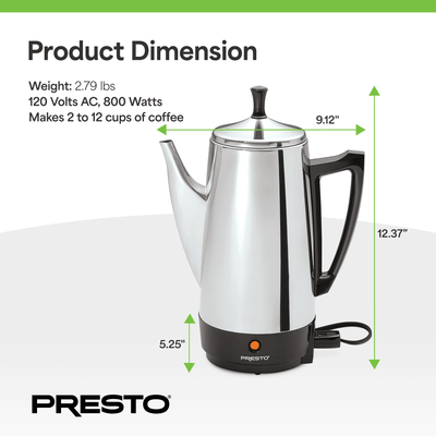 Presto Stainless Steel Coffee Maker, 12 Cup Percolator Coffee, Silver (Used)