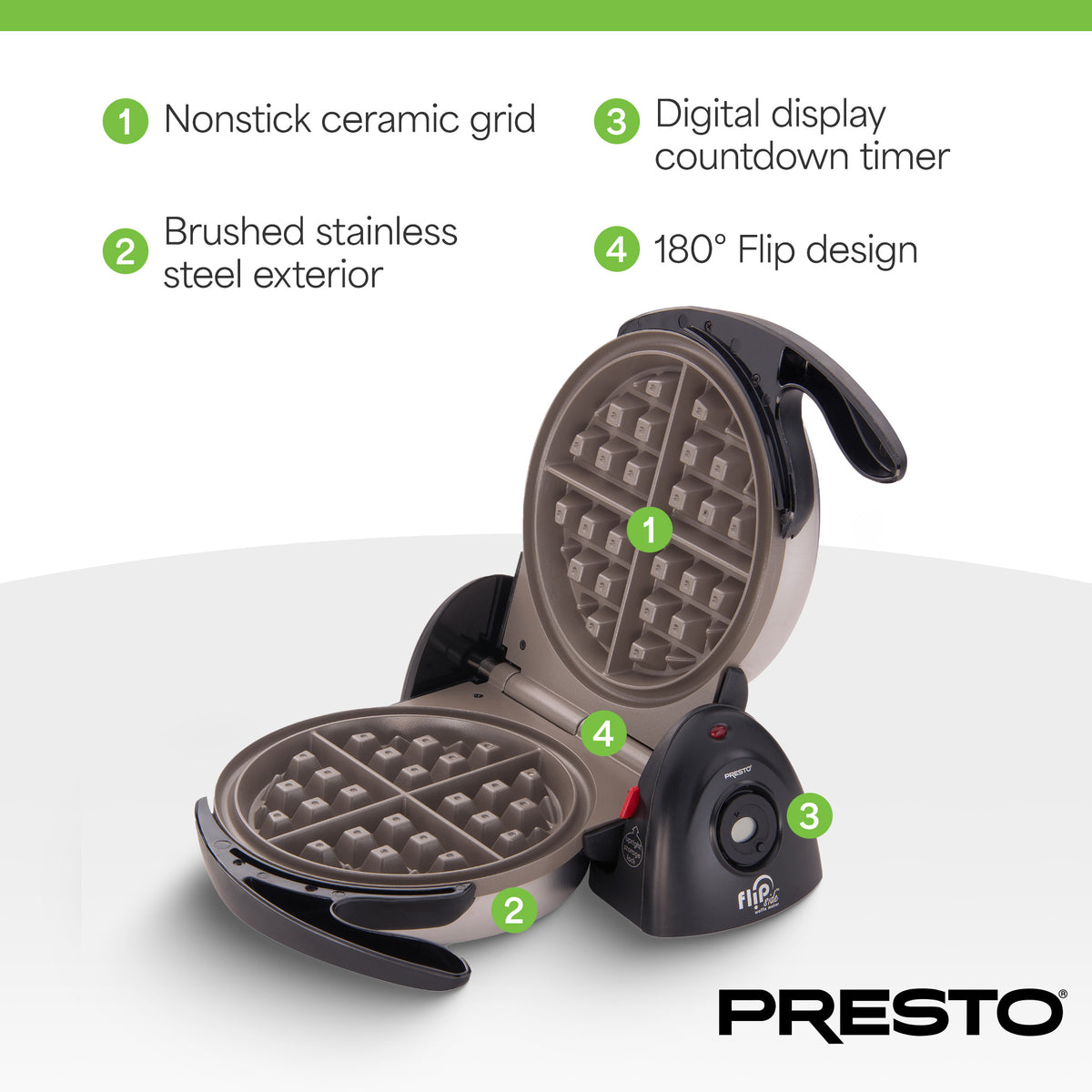 Presto FlipSide Belgian Waffle Maker, Ceramic Appliance, 7", Black (Open Box) - VMInnovations