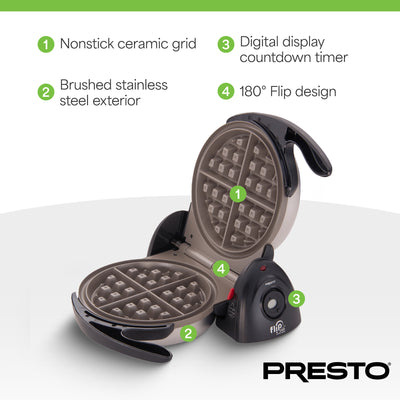 Presto FlipSide Belgian Waffle Maker, Ceramic Appliance, 7", Black (Open Box) - VMInnovations