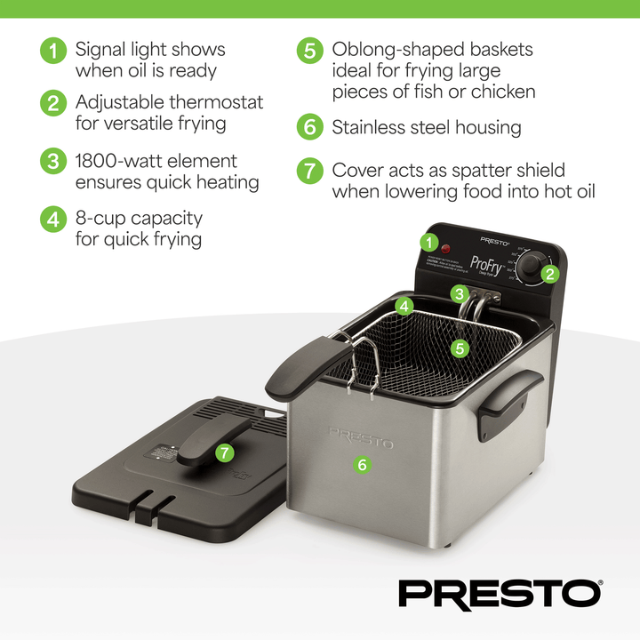 Presto ProFry 8-Cup Deep Fryer with 1800-Watt Immersion Element, Stainless Steel