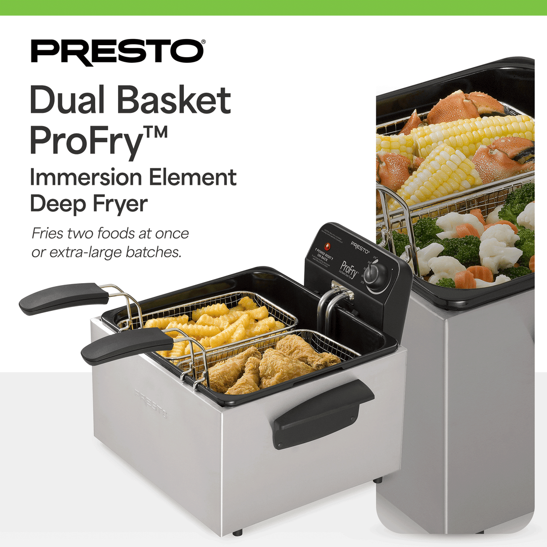 Presto ProFry Dual Basket Deep Fryer, 1800W Immersion Element, Stainless Steel